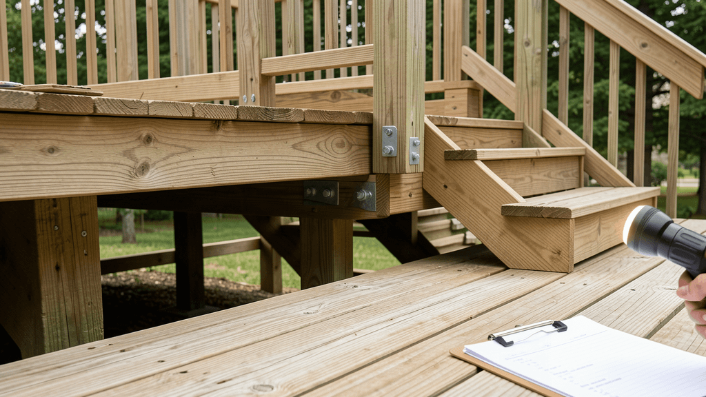 Wood deck joists, ledger connection, posts, stairs, and railing hardware viewed from ground level