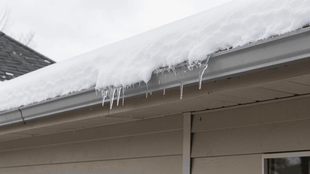 Snow and a small ice dam along the eave of a house roof