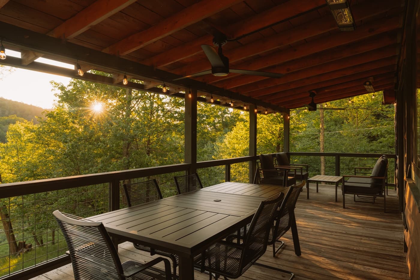 Lived-in outdoor patio arranged for warm-weather use